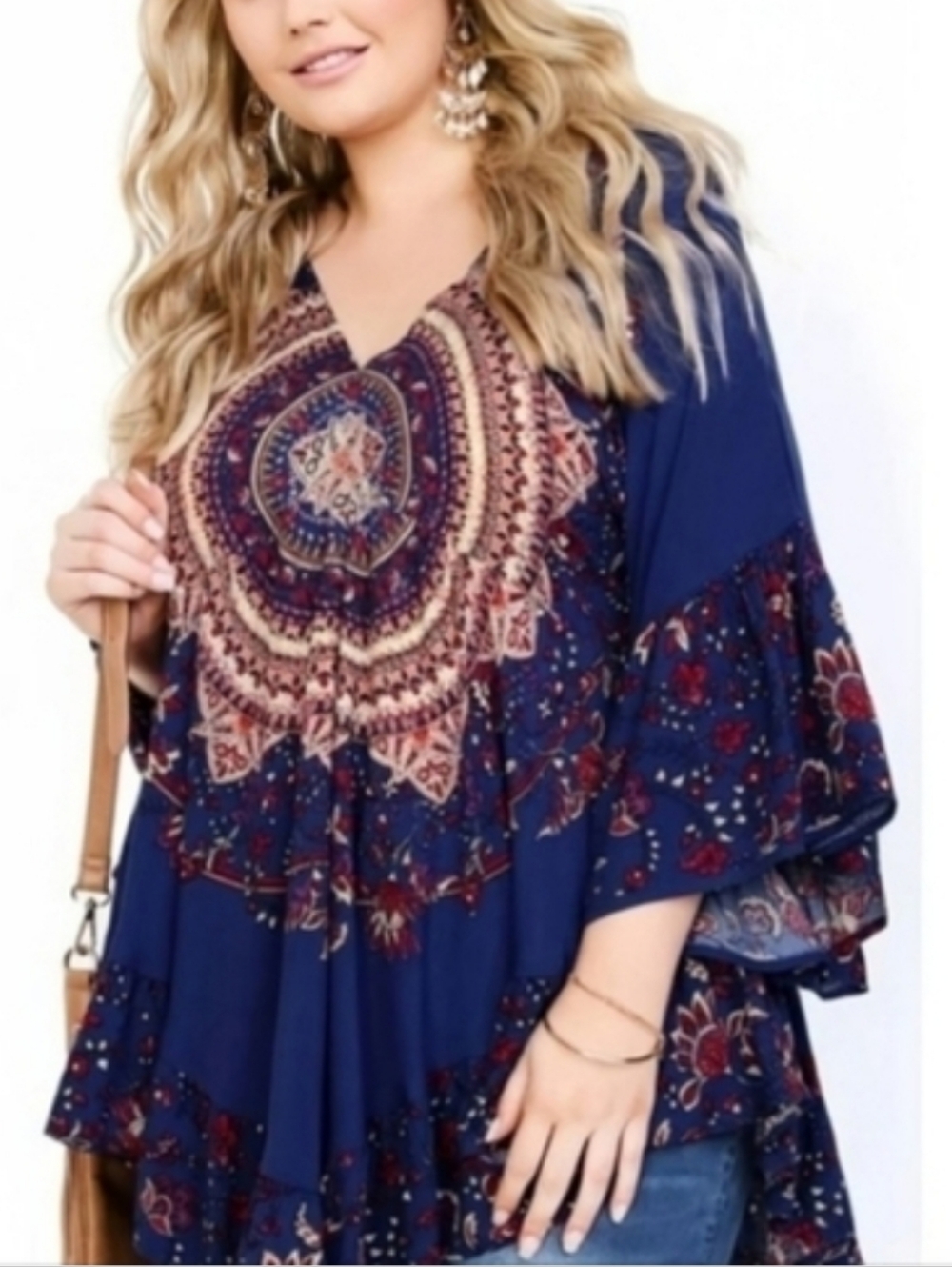 Aveology City Chic Boho Paisley Tunic Top Blue Bell Sleeve Plus Size 22/24 NWT